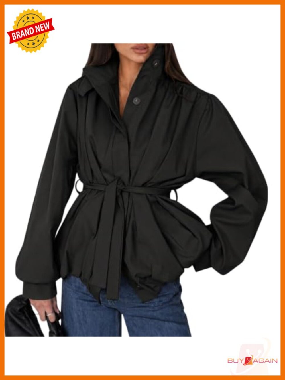 Cicy Bell Women's Funnel Neck Belted Trench Coat Casual Button Down Jacket